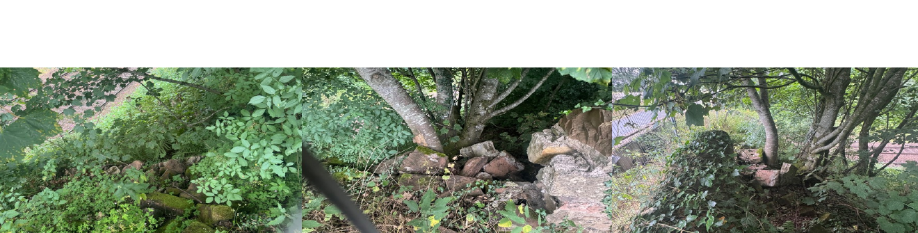 Substantial masonry from the collapsed Cowran Bridge wall remains among vegetation above the railway