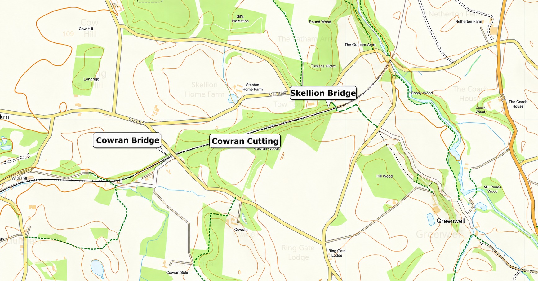 Map showing Cowran Bridge, Cowran Cutting and Skellion Bridge